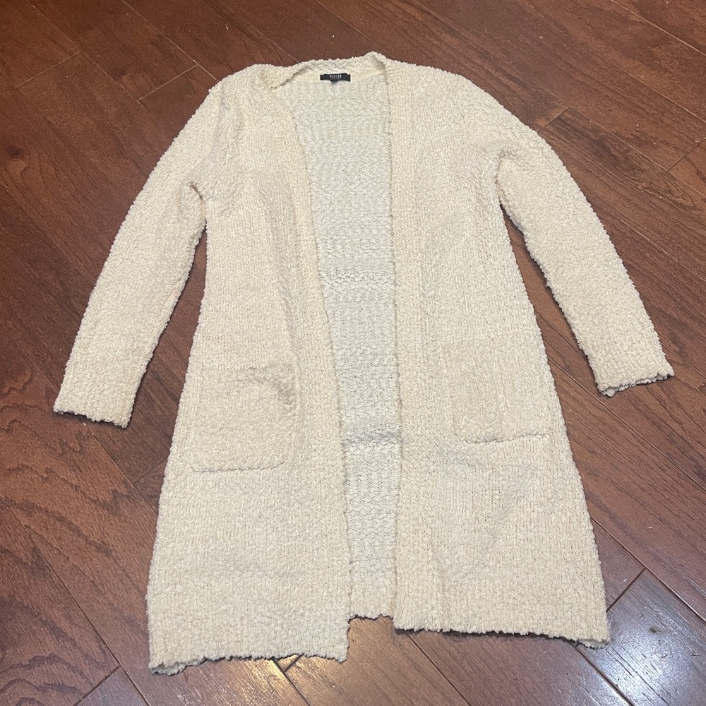 Modern Canvas Cream Popcorn Texture Long Cardigan Front Pockets Size Small